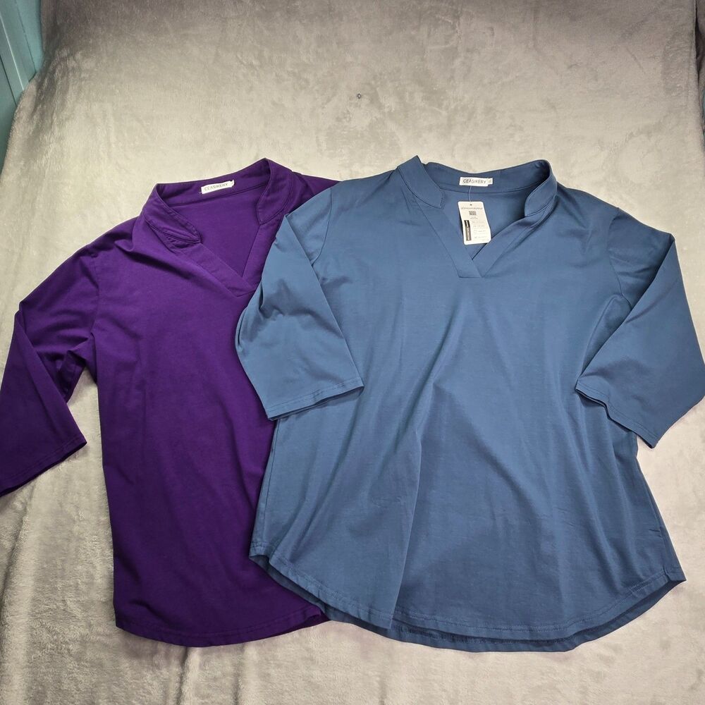 2 Ceasikery Tunic Shirt Women’s XXL 3/4 Sleeve V Neck Casual Loose Top Soft